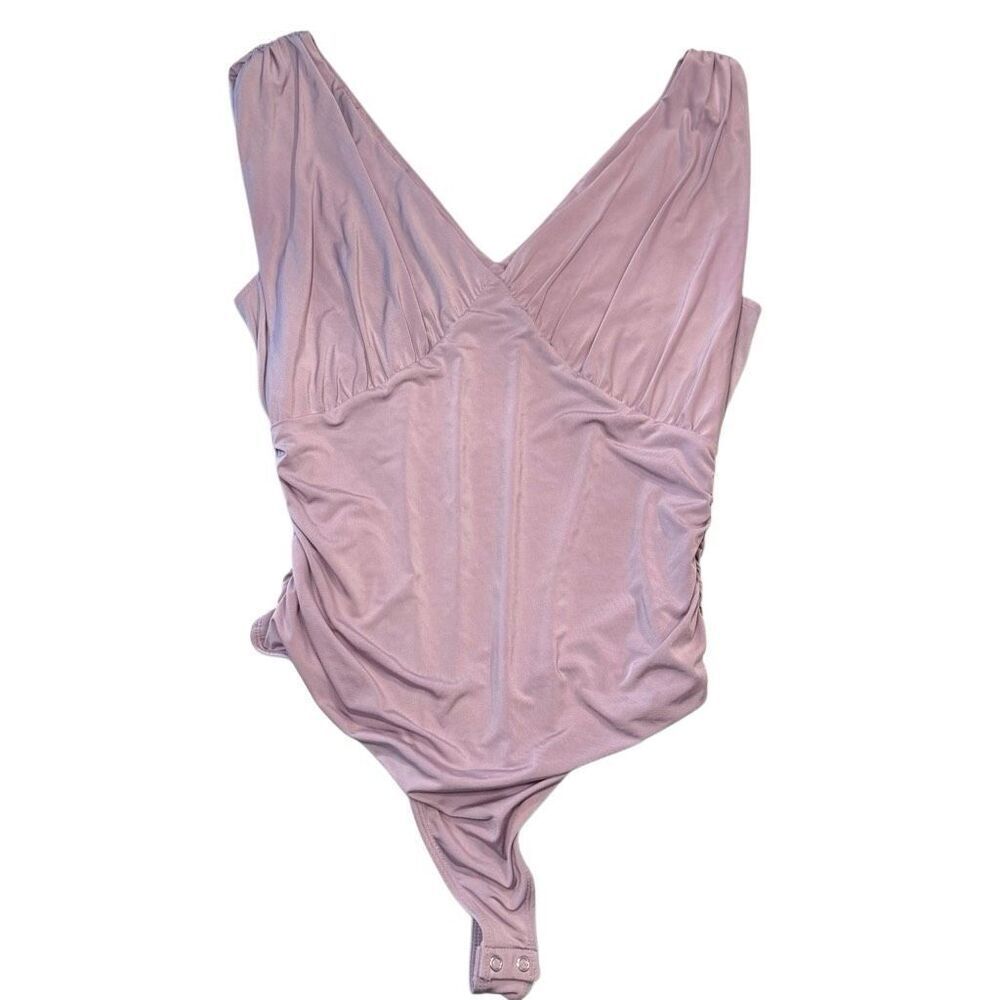 Express V-Neck Sleeveless Ruched Thong Body Contour Bodysuit Pink Large